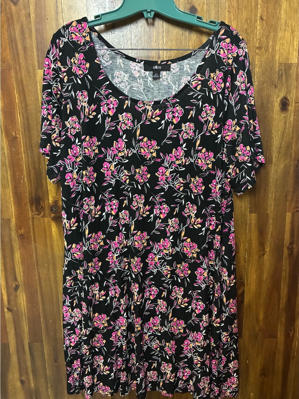 ellos Black Scoop Neck Dress with Pink Floral Print (L)